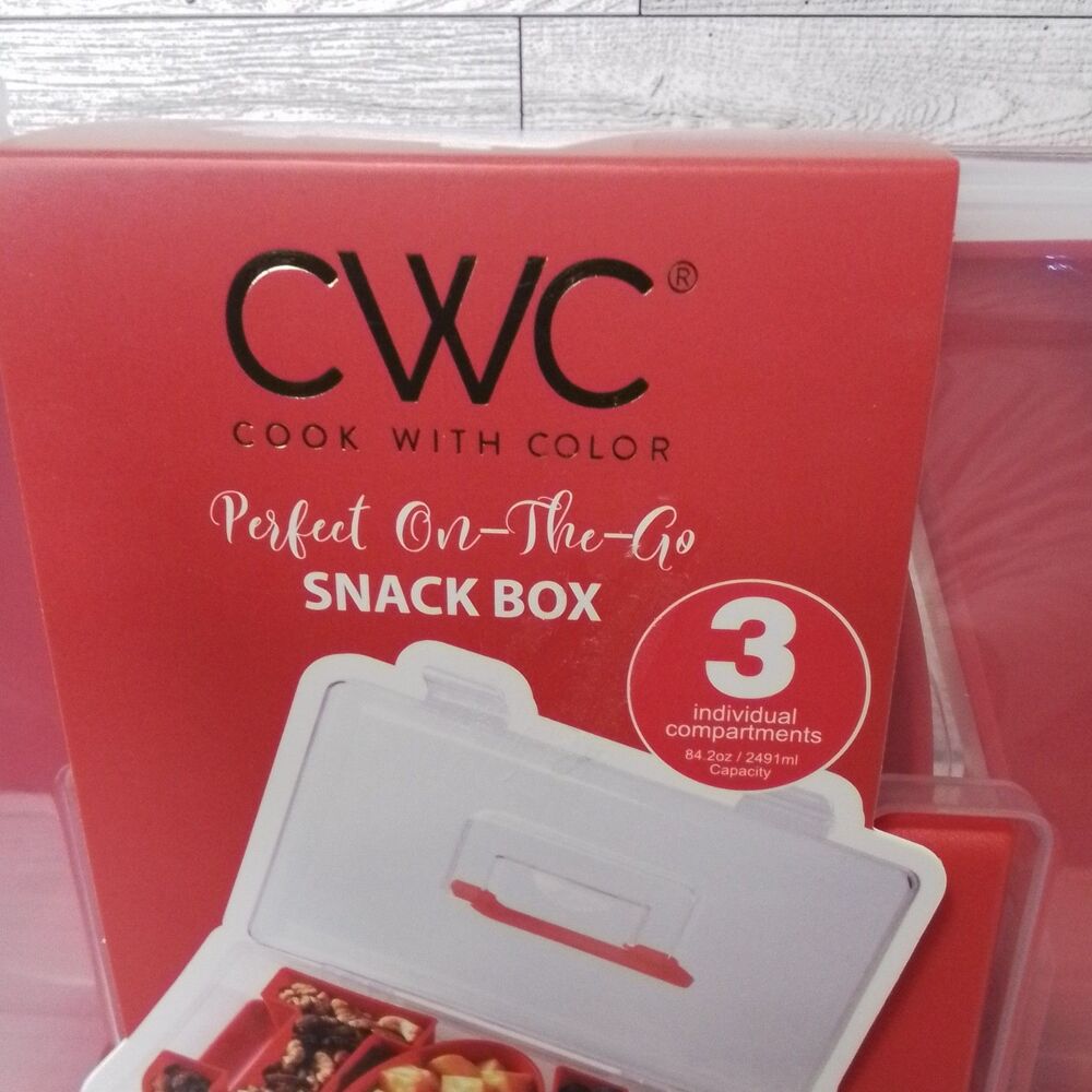 CWC Perfect On-The-Go Snack Box 3-Compartment BPA-Free Handle Lid Red/Clear - Picture 3 of 3